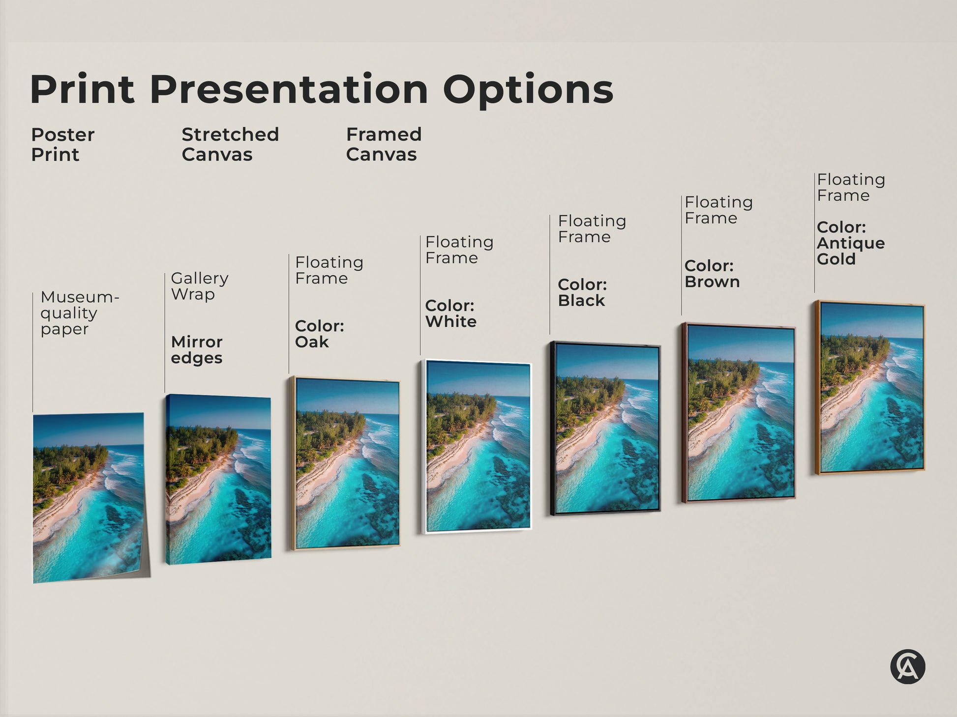 Explore print presentation options for tropical beach artwork. Choose from poster prints stretched canvas and framed canvas. Select a floating frame in white black brown oak or antique gold. Find the perfect style to showcase this beautiful beach scene.