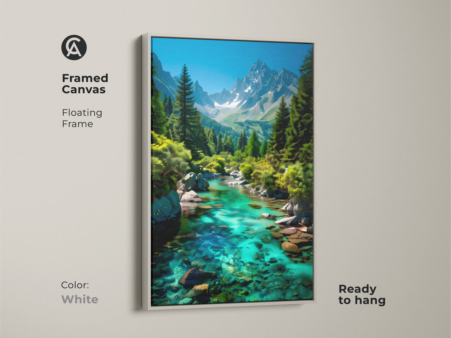Framed canvas featuring a turquoise mountain river and pine trees with a white floating frame. This ready-to-hang nature artwork makes a serene addition to any room. Its a perfect rustic home accent and a gift for hikers.