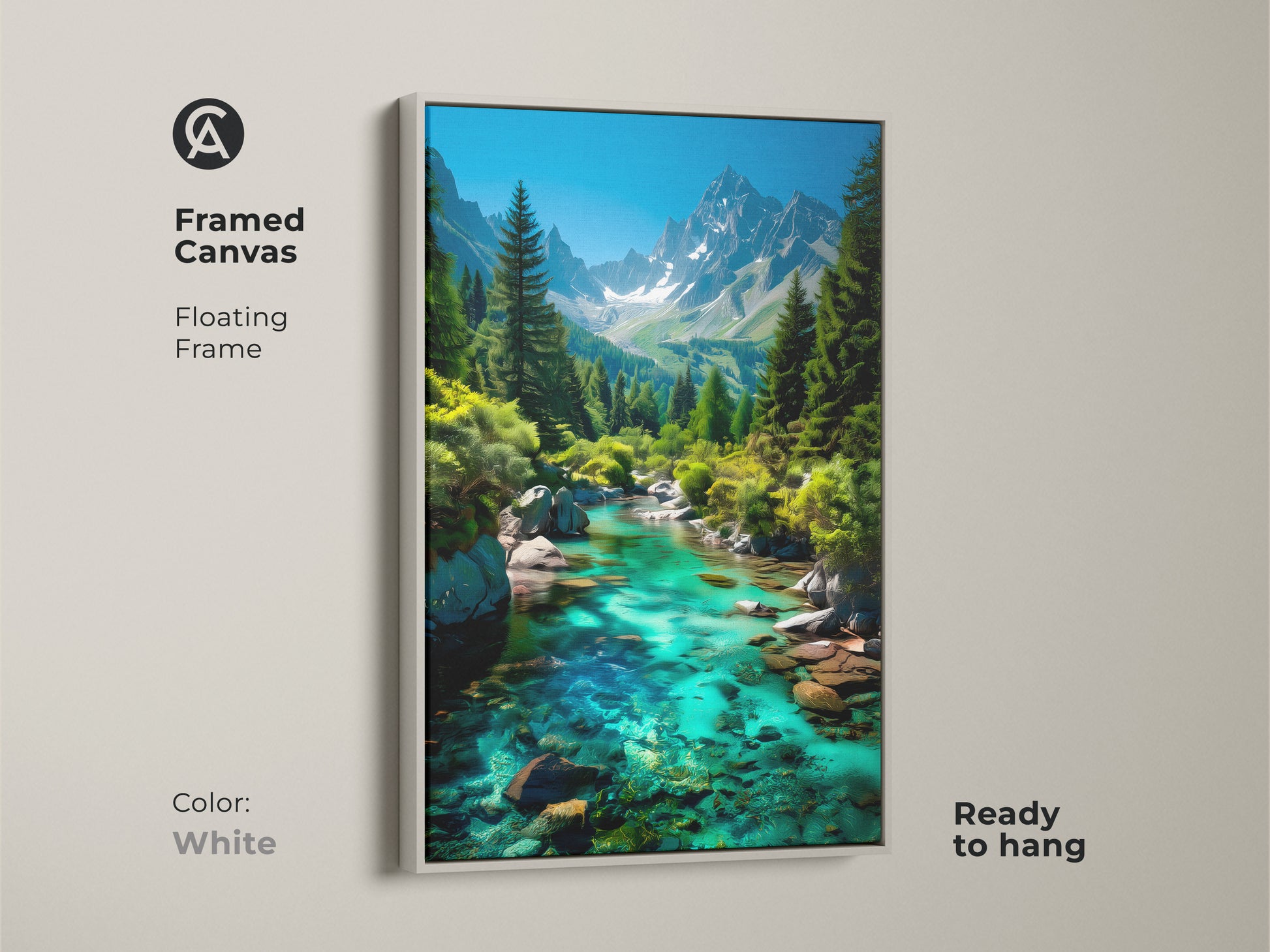 Framed canvas featuring a turquoise mountain river and pine trees with a white floating frame. This ready-to-hang nature artwork makes a serene addition to any room. Its a perfect rustic home accent and a gift for hikers.