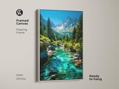 Framed canvas featuring a turquoise mountain river and pine trees with a white floating frame. This ready-to-hang nature artwork makes a serene addition to any room. Its a perfect rustic home accent and a gift for hikers.