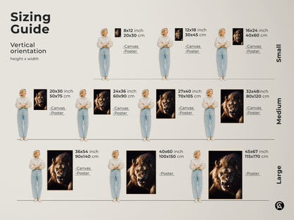Sizing guide for the lion face wall art in vertical orientation. Available in small medium and large sizes. Choose from canvas or poster prints. Perfect for bedroom decor or as a gift for lion lovers. The amber brown animal art complements any space.