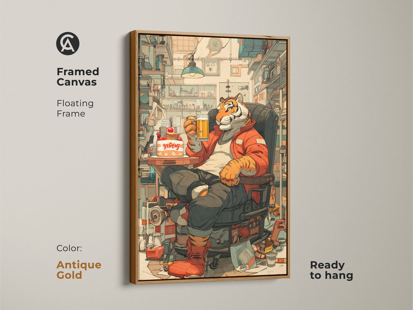 Antique gold framed canvas featuring a tiger drinking beer with cake. This floating frame artwork is ready to hang. The humorous wildlife art makes a unique birthday gift. It adds a touch of humor to any space.