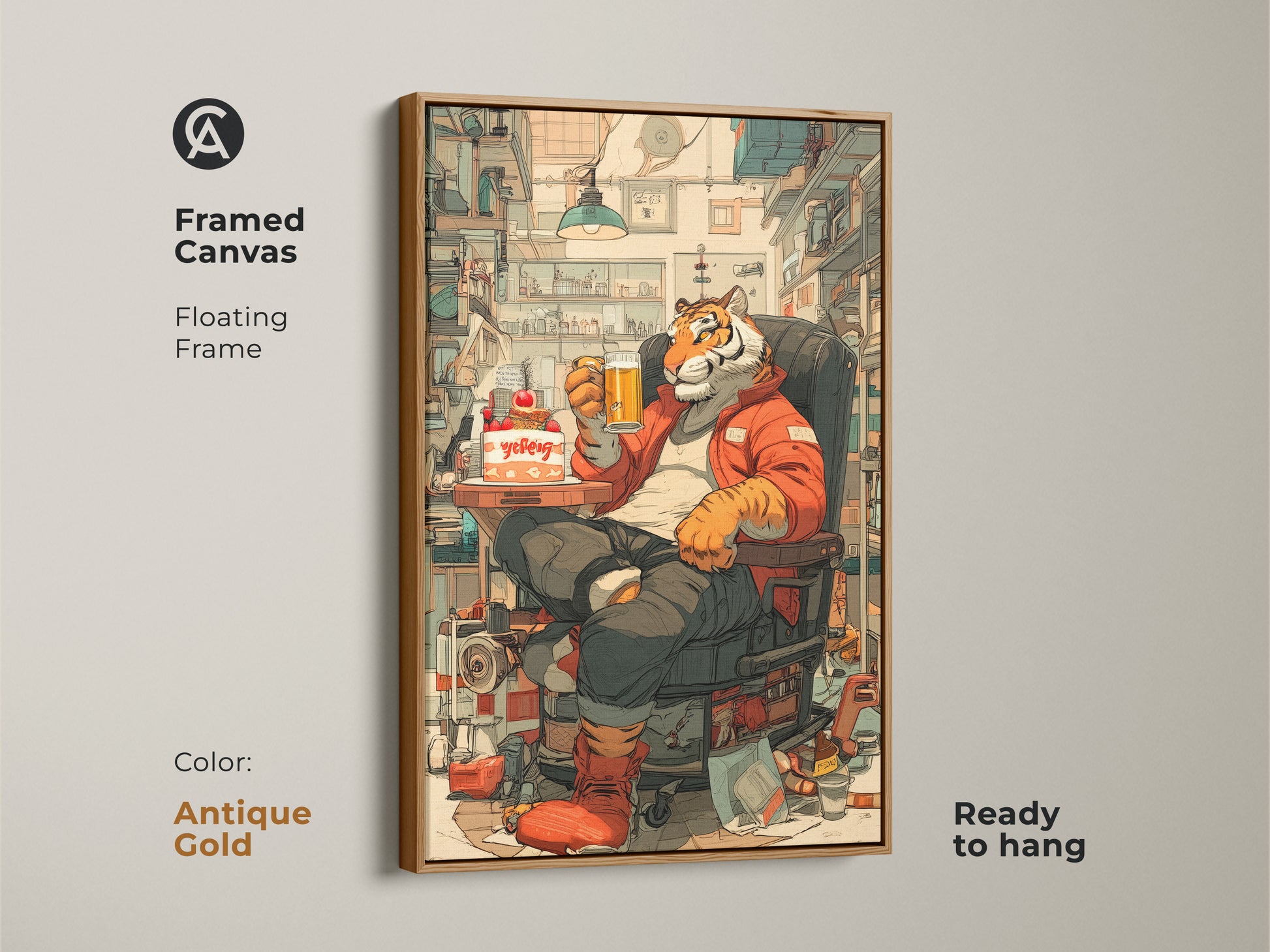 Antique gold framed canvas featuring a tiger drinking beer with cake. This floating frame artwork is ready to hang. The humorous wildlife art makes a unique birthday gift. It adds a touch of humor to any space.