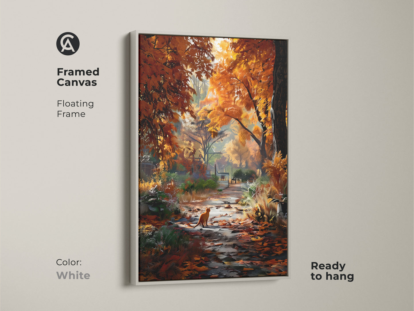 Brighten your home with this framed canvas artwork. A white floating frame highlights the autumn scene. The art shows a cat on a path covered in orange leaves. Ready to hang and enjoy