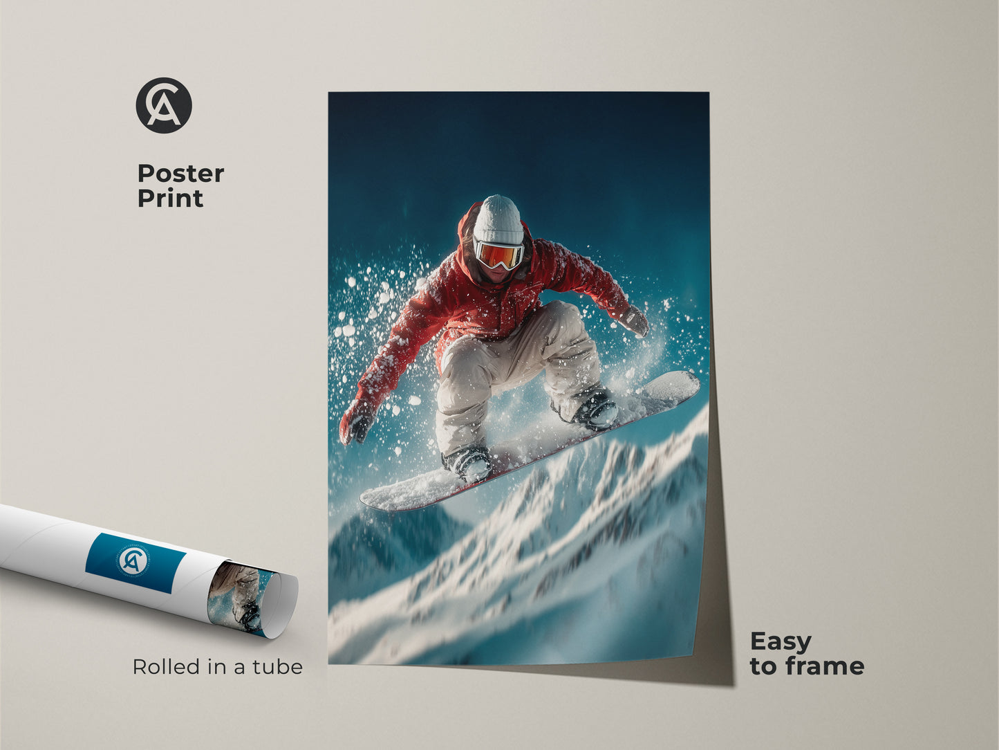 This poster print features a snowboarder in mid-air. It comes rolled in a tube for easy framing. This museum-quality paper captures the energy of winter sports. It makes a striking addition to any room's decor.