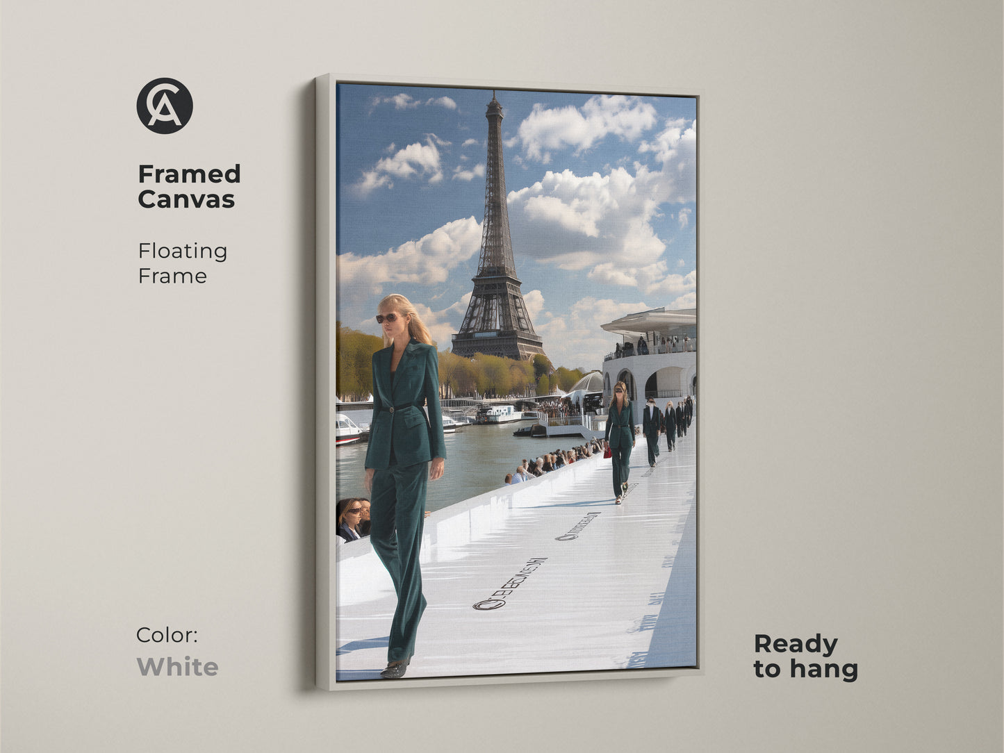 Framed canvas print of a Paris fashion show featuring a white floating frame. The artwork showcases models in teal green outfits with the iconic Eiffel Tower. This contemporary ready to hang piece adds a modern touch to any room. Perfect for lovers of fashion and Parisian art.