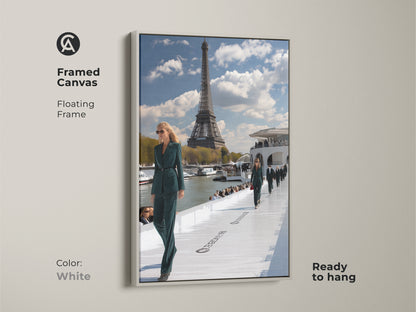 Framed canvas print of a Paris fashion show featuring a white floating frame. The artwork showcases models in teal green outfits with the iconic Eiffel Tower. This contemporary ready to hang piece adds a modern touch to any room. Perfect for lovers of fashion and Parisian art.