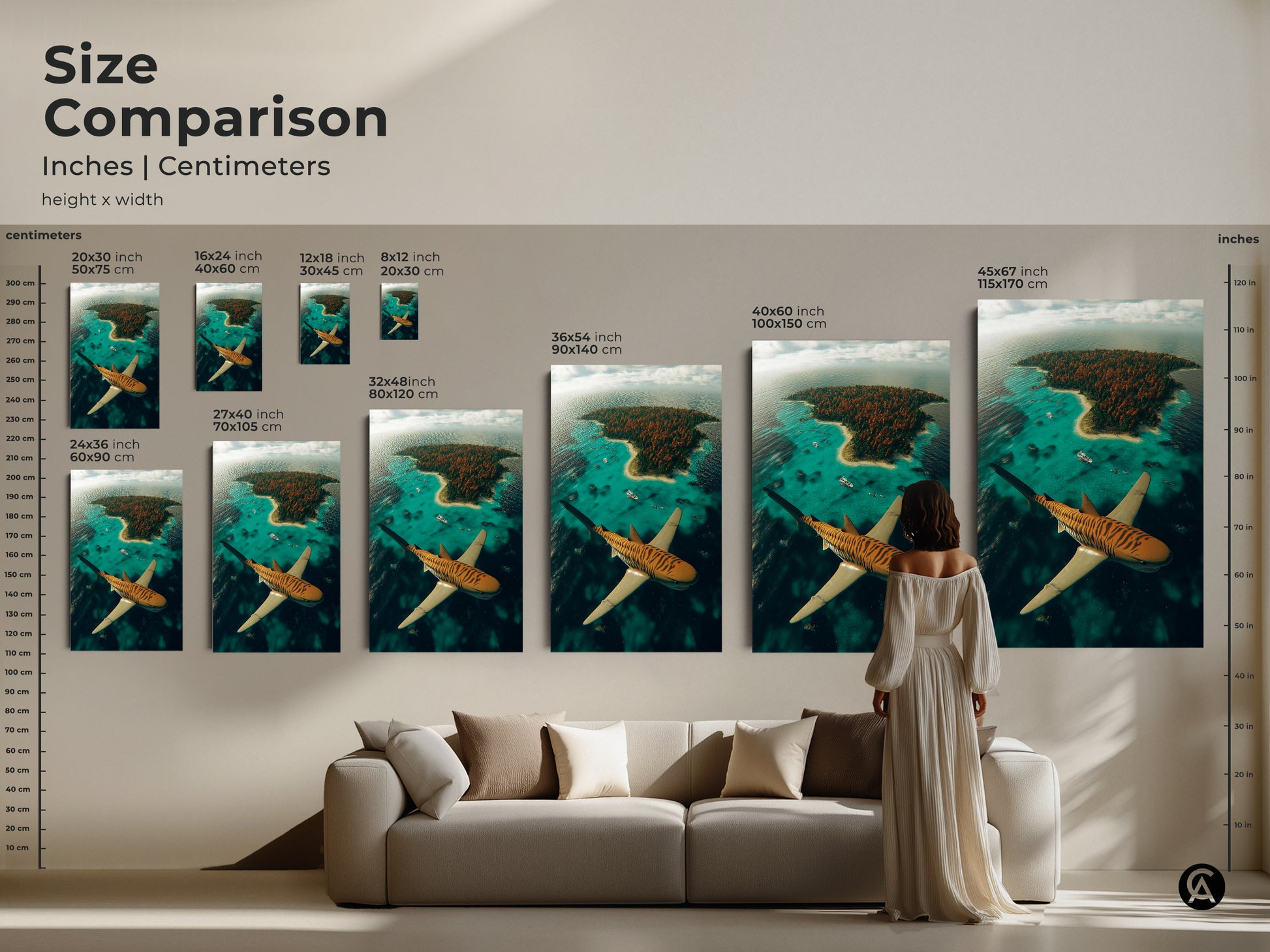 Compare sizes of our surreal tiger shark canvas art. See how the artwork fits in various spaces. From 16x24 to 45x67 inches this ocean aerial view wall art is perfect for any room. Choose the ideal size to make a statement with this eclectic wall hanging.