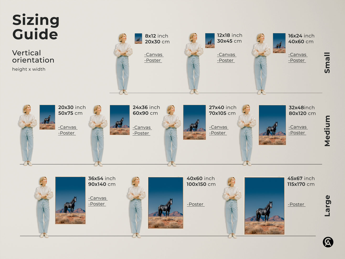 Sizing guide for equestrian wall art prints. See various sizes including 8x12 inch to 45x67 inch. Available as canvas or poster prints. Visualize the ideal size for your bedroom or living room. Perfect for modern farmhouse decor.