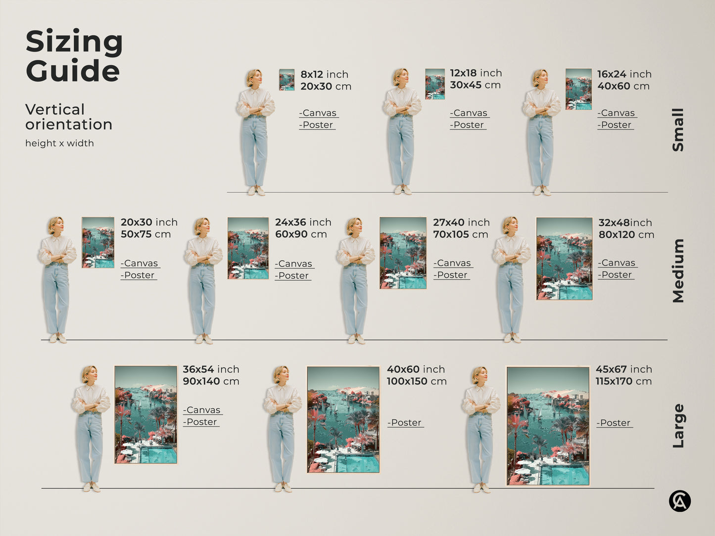 Sizing guide for coastal landscape art prints. Options range from small to large canvas and poster sizes. Find the perfect fit for your nautical bedroom wall decor. Sizes are available in inches and centimeters.