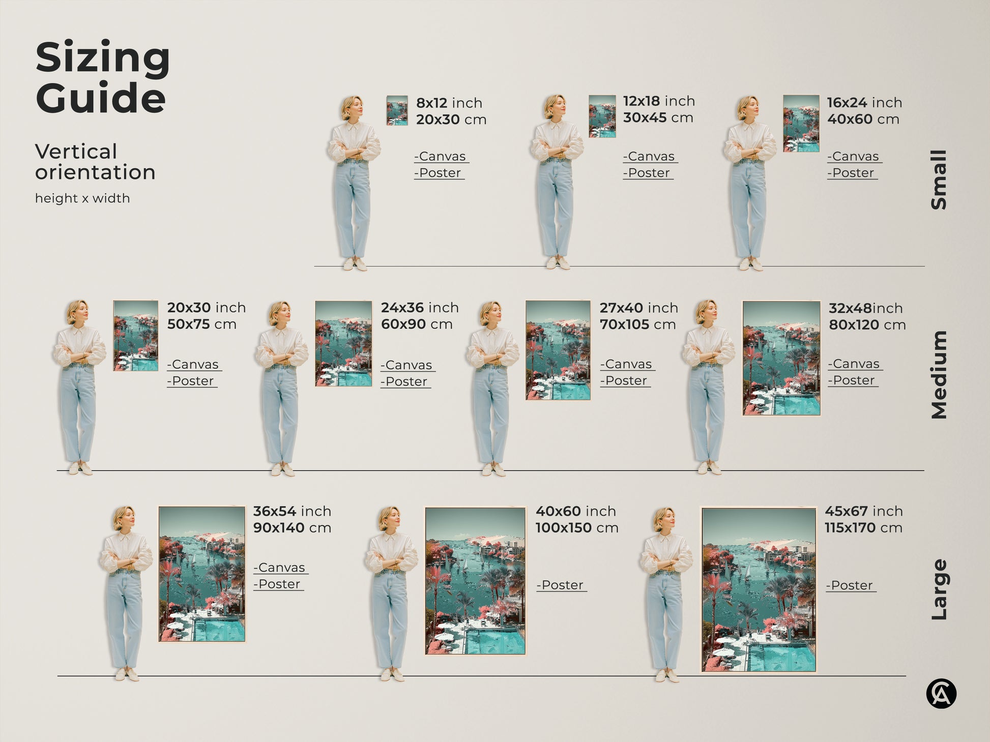 Sizing guide for coastal landscape art prints. Options range from small to large canvas and poster sizes. Find the perfect fit for your nautical bedroom wall decor. Sizes are available in inches and centimeters.