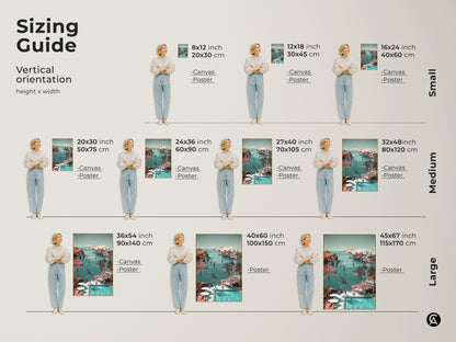 Sizing guide for coastal landscape art prints. Options range from small to large canvas and poster sizes. Find the perfect fit for your nautical bedroom wall decor. Sizes are available in inches and centimeters.