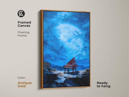 Framed canvas art with a surreal grand piano. The floating frame has an antique gold finish. The artwork is ready to hang. It adds a touch of elegance to any space. The canvas features a dreamy sky and rocky landscape. The color palette includes midnight blue and crimson red. This is a music lover gift.