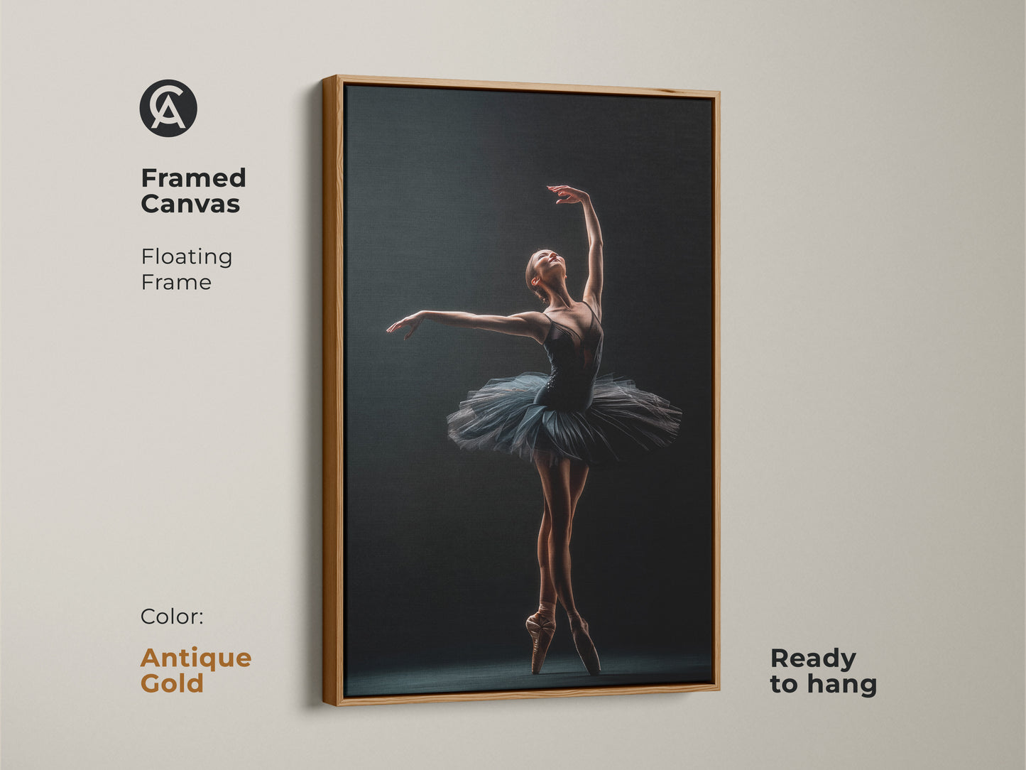 Antique gold framed canvas of a ballerina. Floating frame adds a touch of luxury. Ready to hang. This artwork captures the essence of ballet. Perfect for creating a refined atmosphere. Elevate your space with this beautiful art piece.