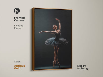 Antique gold framed canvas of a ballerina. Floating frame adds a touch of luxury. Ready to hang. This artwork captures the essence of ballet. Perfect for creating a refined atmosphere. Elevate your space with this beautiful art piece.