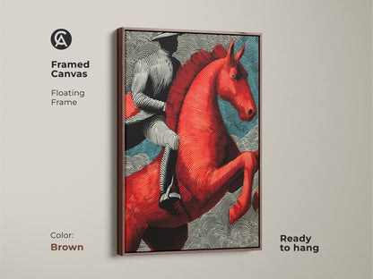 Brown framed canvas featuring a red horse art print. Ready to hang this floating frame highlights the unique linocut texture. Ideal contemporary western art for entry hall.