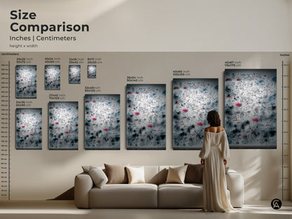 Size comparison of wall art in inches and centimeters. See how different sizes fit above a sofa. The artwork features a complex arrangement of symbols and lines. Sizes range from small to extra-large. Perfect for visualizing the impact of each piece. Transform your living space with the ideal size of this captivating art.
