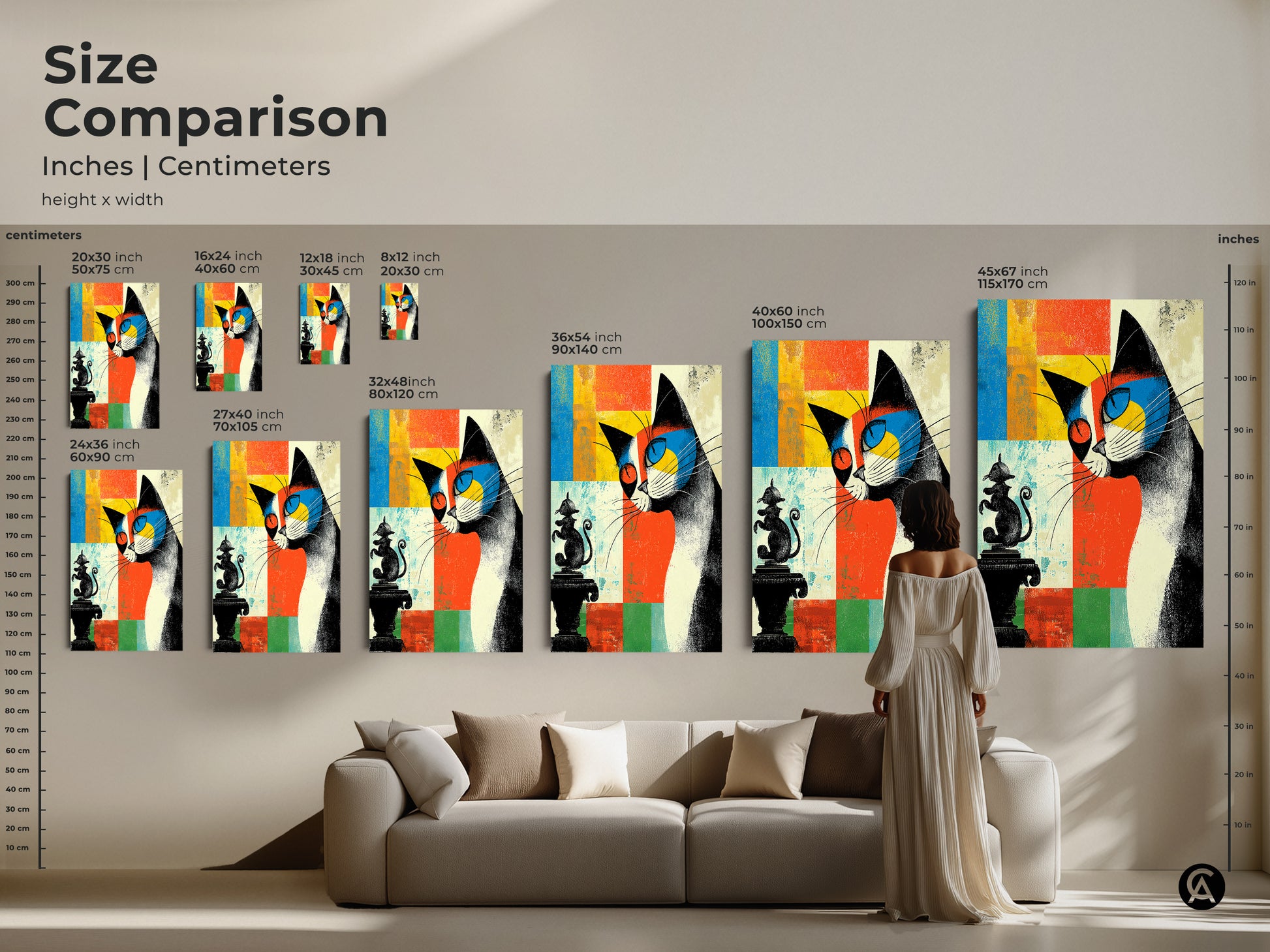 Size comparison of abstract cat art prints in inches and centimeters. See how various sizes look above a sofa. Perfect for adding a touch of mid-century modern charm to your living space. Great for cat lovers.