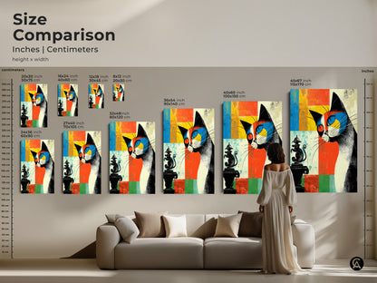 Size comparison of abstract cat art prints in inches and centimeters. See how various sizes look above a sofa. Perfect for adding a touch of mid-century modern charm to your living space. Great for cat lovers.
