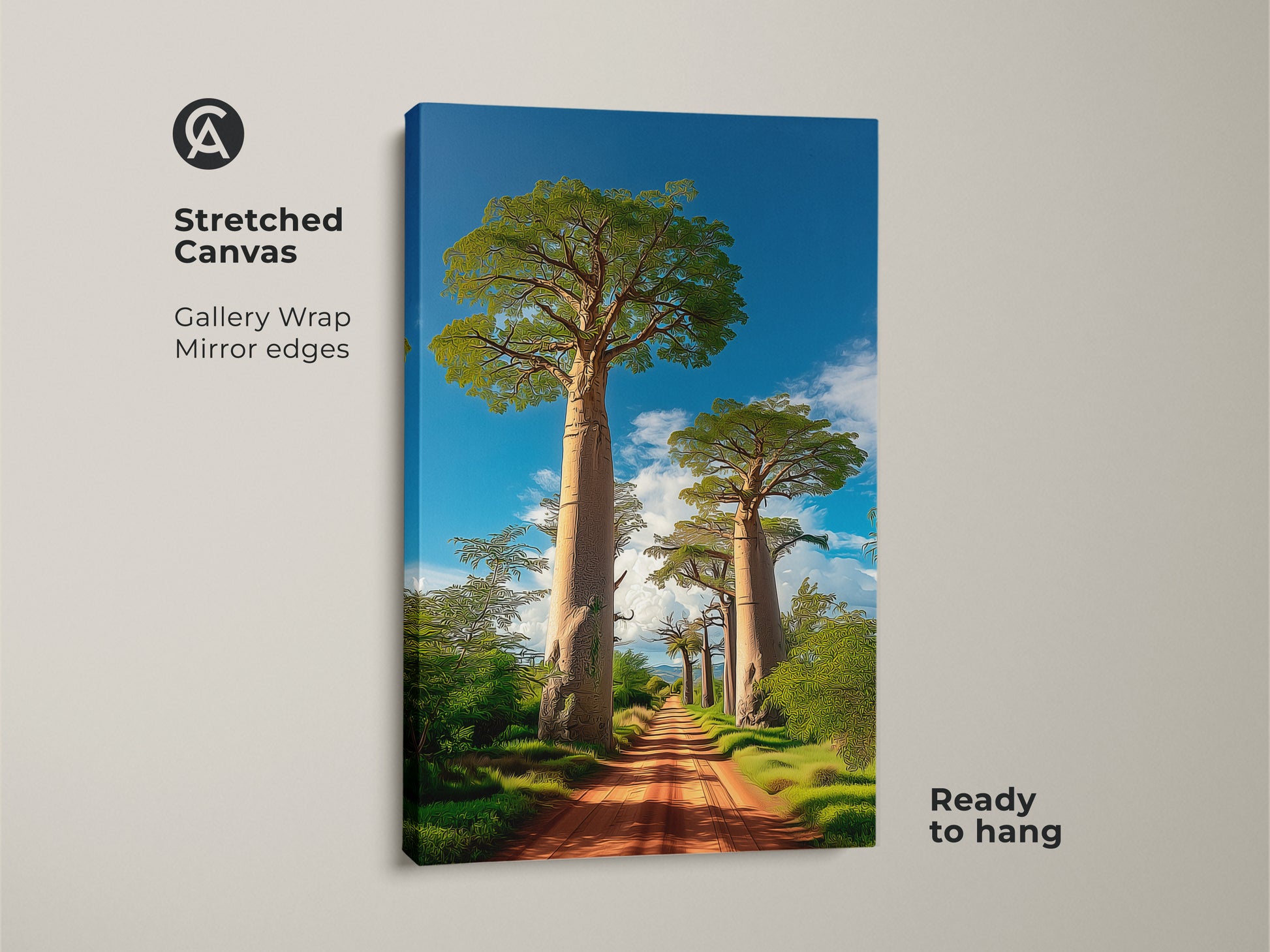 Stretched canvas print of a boho Baobab tree African landscape. This gallery-wrapped artwork has mirror edges and is ready to hang. It features a dirt road leading to Baobab trees under a blue sky. Ideal as a travel lover gift.