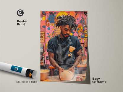 This poster print showcases a baker kneading dough. It is a colorful pop art kitchen wall artwork that is easy to frame. This abstract food canvas print is rolled in a tube for protection. The vibrant orange yellow and pink tones add a modern touch to any home baker's kitchen.