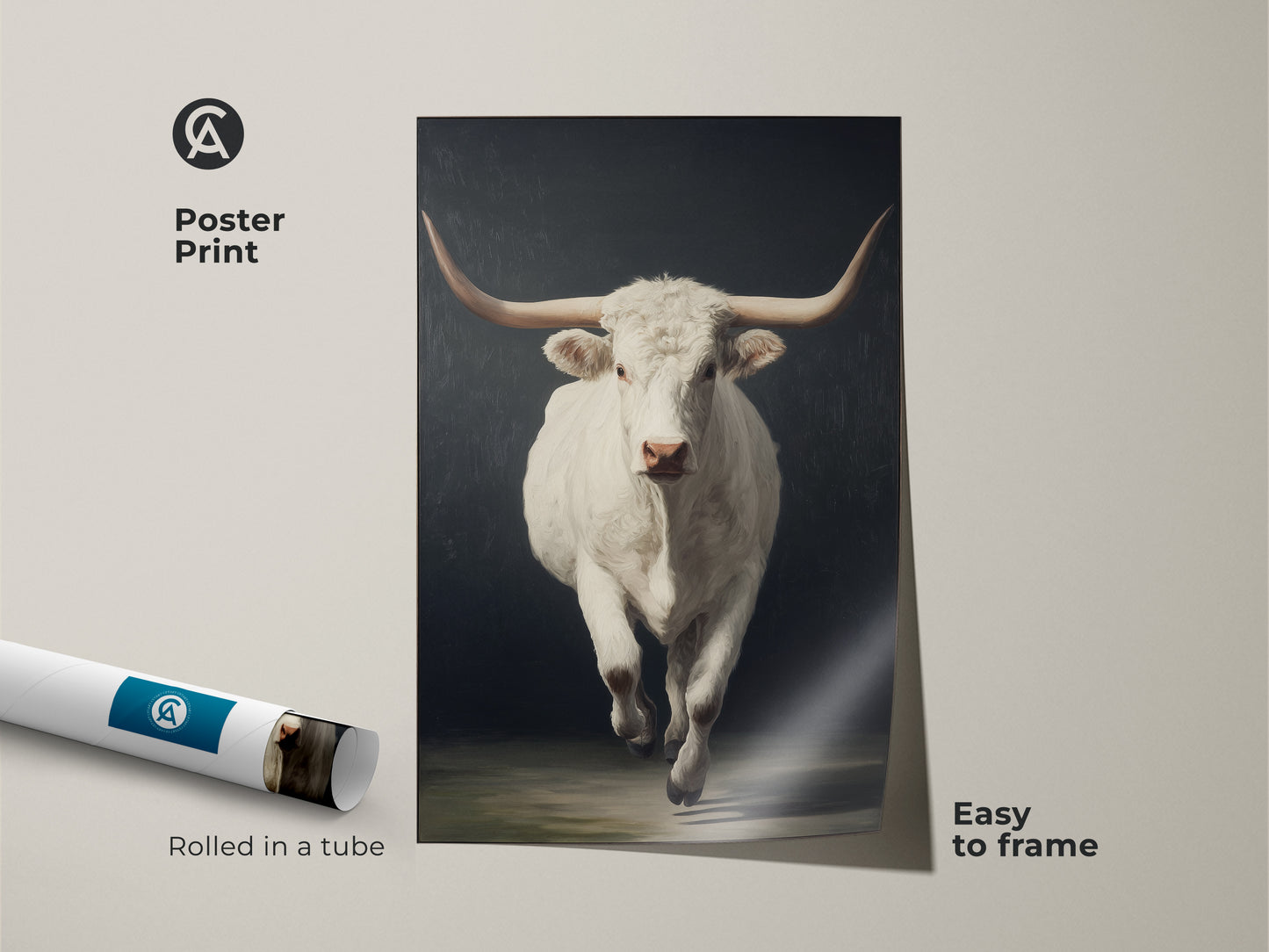 Poster Print view of the realistic white longhorn canvas art. The western wildlife artwork comes rolled in a tube. It is easy to frame. This rustic animal home decor is a unique housewarming gift idea.