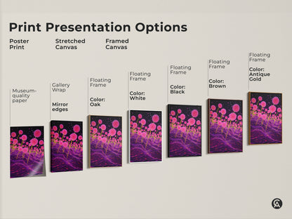 Explore print presentation options for this surreal abstract art. Choose from poster print stretched canvas or framed canvas. Each option showcases the pink botanical print with purple fungi. Select the perfect style to complement your home decor.