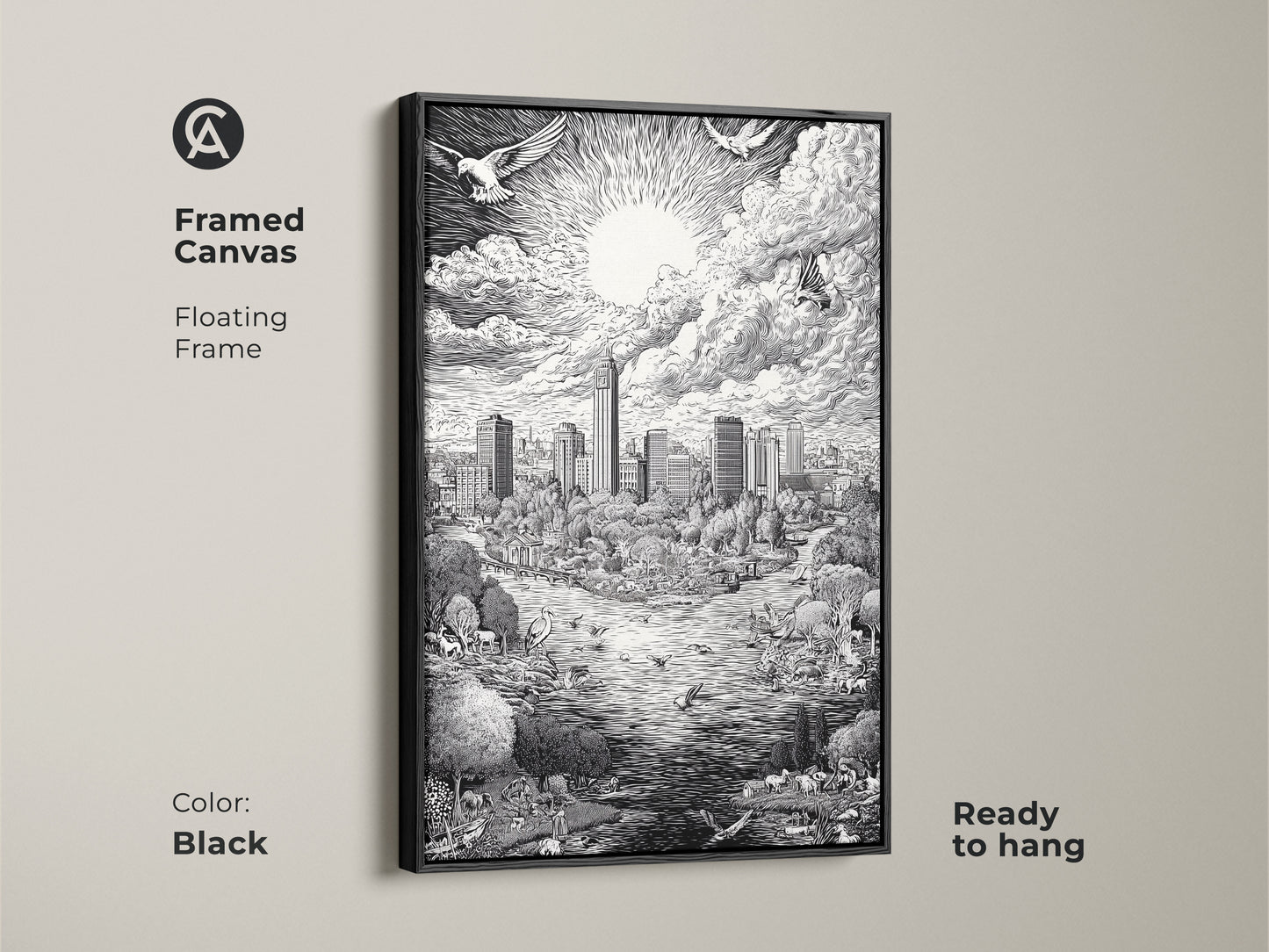 Black framed canvas art featuring the Austin Texas Skyline. The floating frame enhances the black and white artwork. The art print shows the city skyline park animals and bright sun. This framed canvas is ready to hang and enjoy.