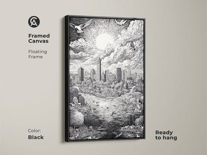 Black framed canvas art featuring the Austin Texas Skyline. The floating frame enhances the black and white artwork. The art print shows the city skyline park animals and bright sun. This framed canvas is ready to hang and enjoy.