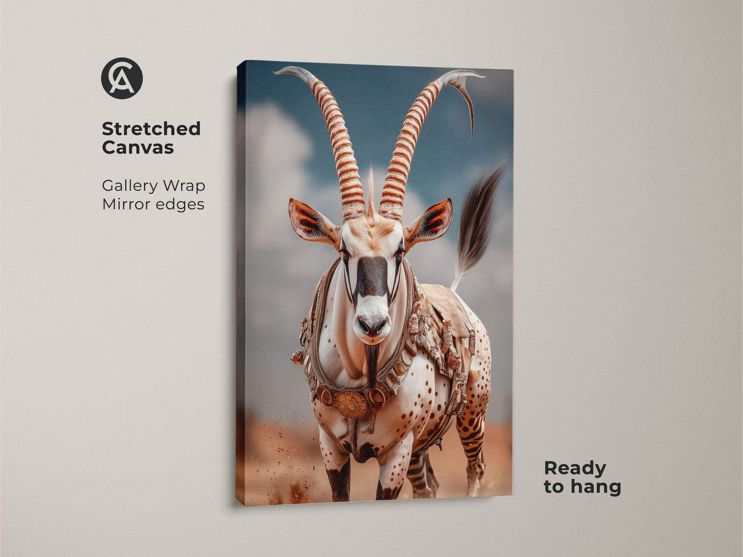 Stretched canvas gallery wrap featuring a desert oryx.  Mirror edges provide a seamless animal portrait. Ready to hang earthy brown animal print.  Ideal for eclectic home decor. It brings African wildlife into your space.