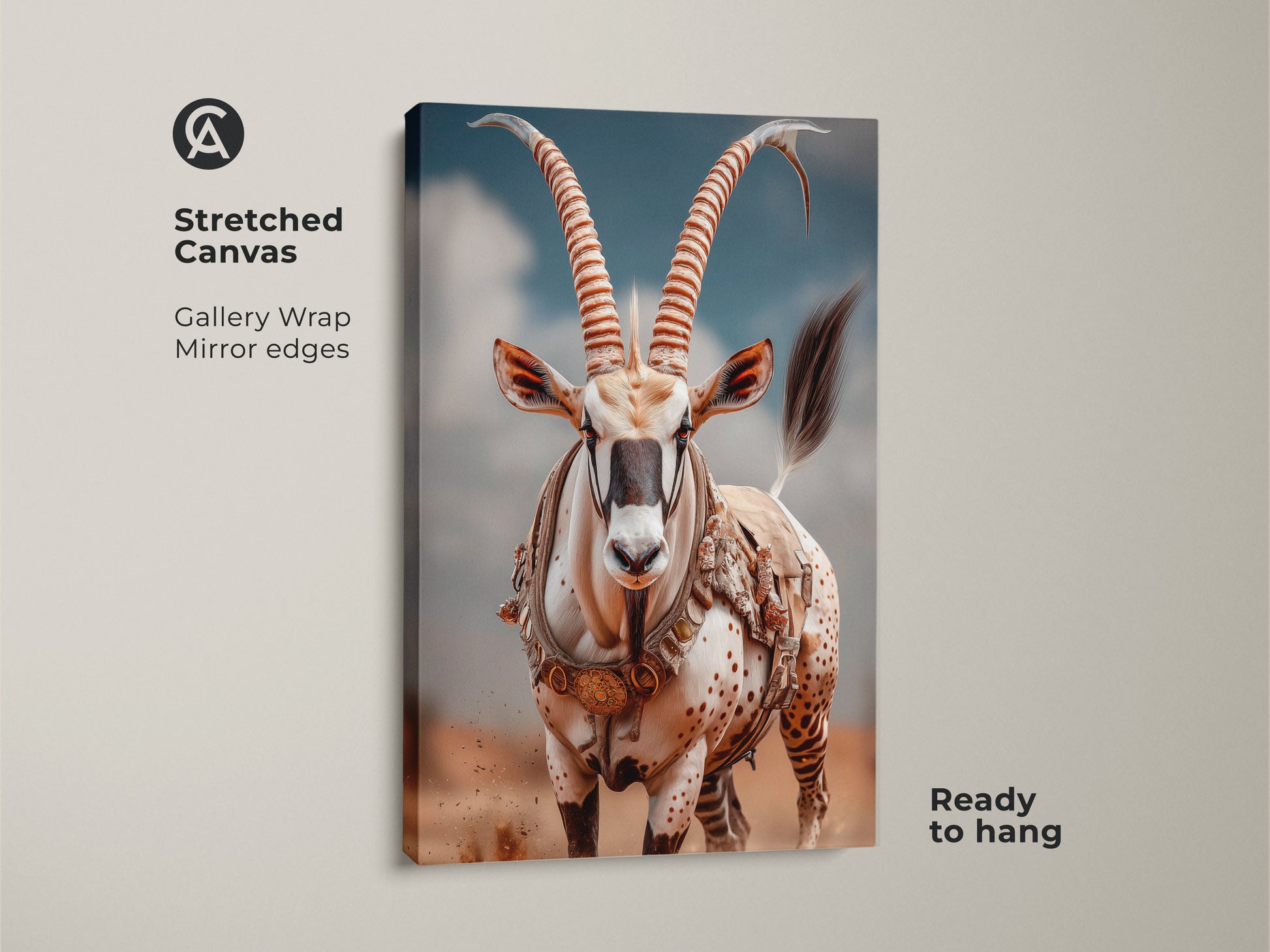 Stretched canvas gallery wrap featuring a desert oryx.  Mirror edges provide a seamless animal portrait. Ready to hang earthy brown animal print.  Ideal for eclectic home decor. It brings African wildlife into your space.
