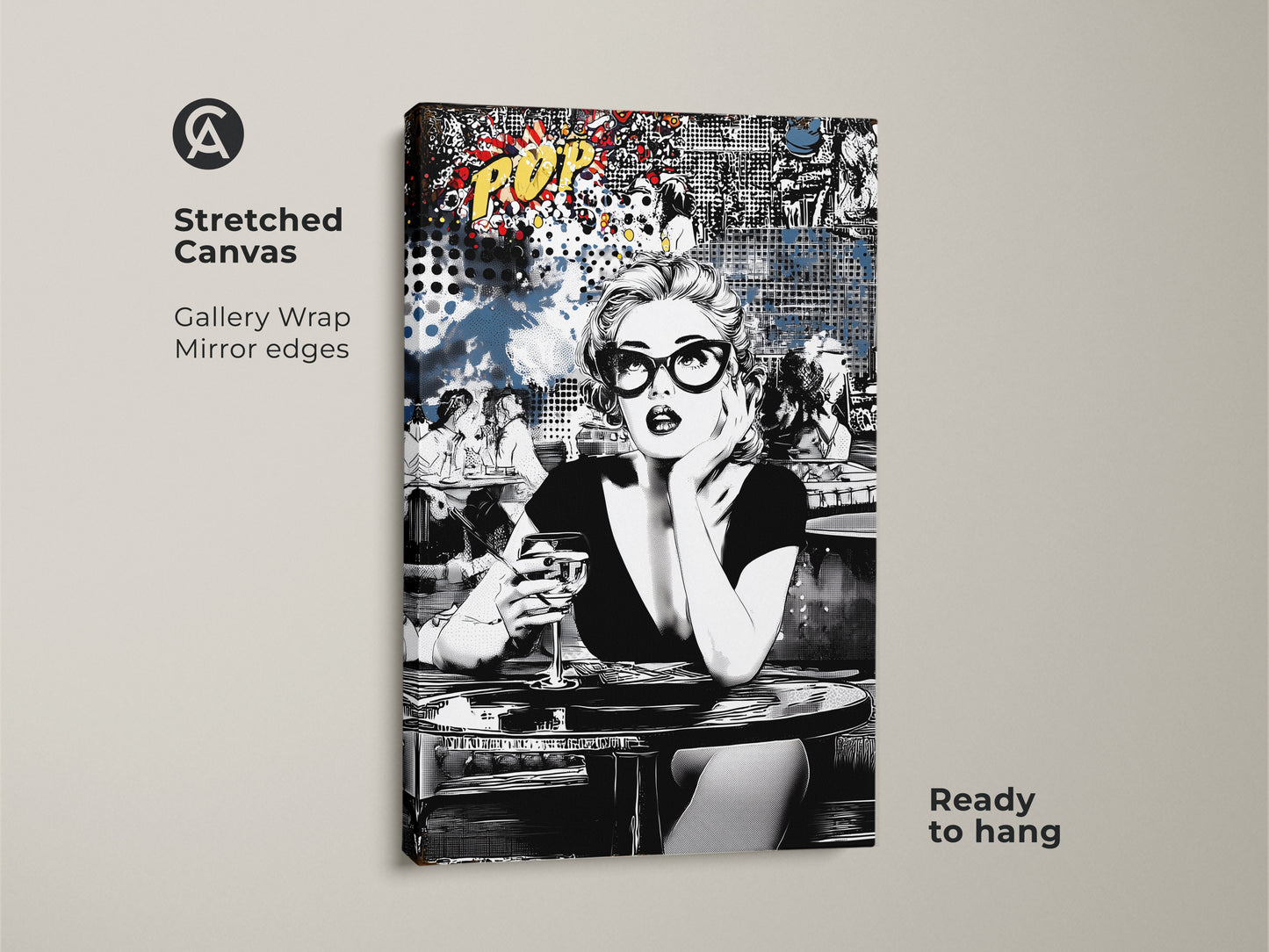 Elevate your decor with this black and white pop art canvas. It features a retro woman enjoying a cocktail. This gallery-wrapped artwork is ready to hang. The mirror edges enhance its modern appeal. Ideal for eclectic living room art and vintage bar decor.