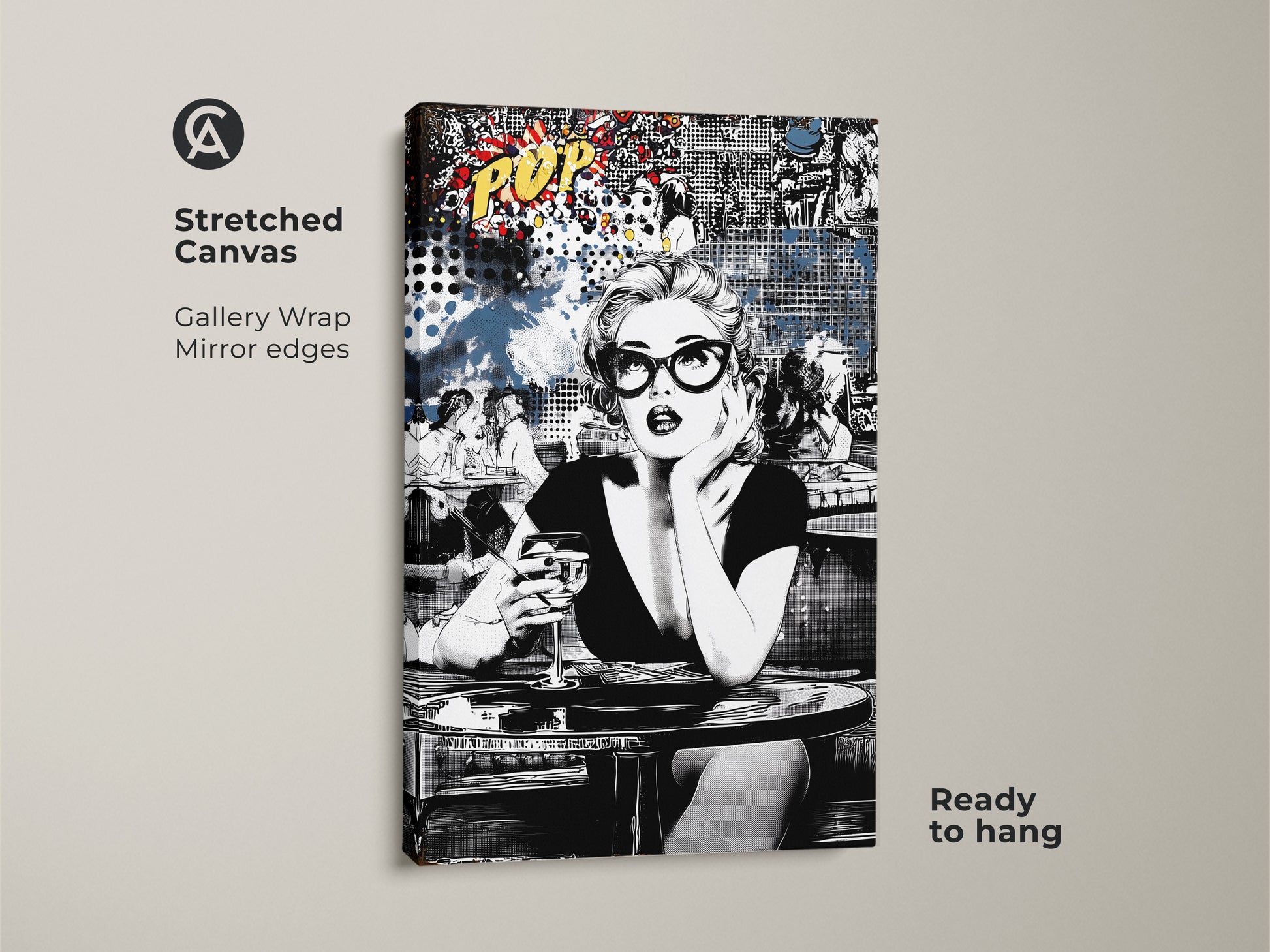 Elevate your decor with this black and white pop art canvas. It features a retro woman enjoying a cocktail. This gallery-wrapped artwork is ready to hang. The mirror edges enhance its modern appeal. Ideal for eclectic living room art and vintage bar decor.