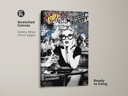 Elevate your decor with this black and white pop art canvas. It features a retro woman enjoying a cocktail. This gallery-wrapped artwork is ready to hang. The mirror edges enhance its modern appeal. Ideal for eclectic living room art and vintage bar decor.