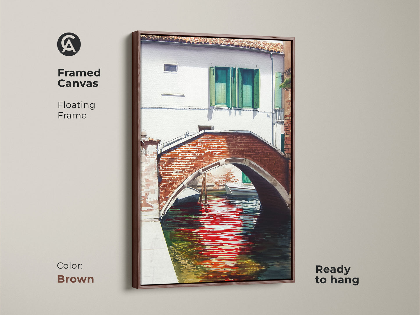 Framed canvas showcases a traditional Venetian canal scene with a red brick bridge. The brown floating frame highlights the European cityscape art. Ready to hang and perfect for adding charm to your home.