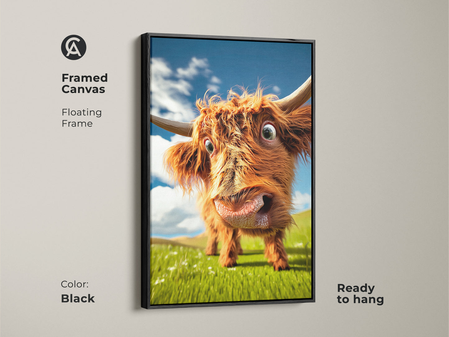 Framed in black this canvas showcases a delightful Highland cow. The floating frame adds elegance to this farmhouse wall decor print. This animal portrait wall art is ready to hang and brings country charm to any space.