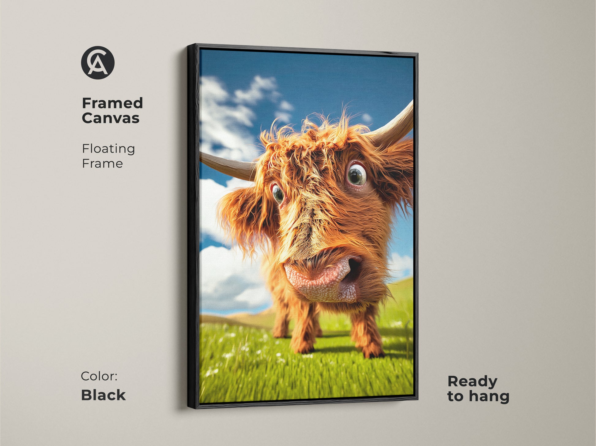 Framed in black this canvas showcases a delightful Highland cow. The floating frame adds elegance to this farmhouse wall decor print. This animal portrait wall art is ready to hang and brings country charm to any space.