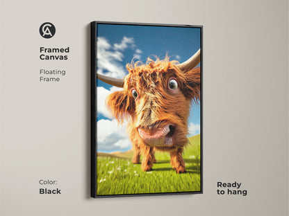 Framed in black this canvas showcases a delightful Highland cow. The floating frame adds elegance to this farmhouse wall decor print. This animal portrait wall art is ready to hang and brings country charm to any space.