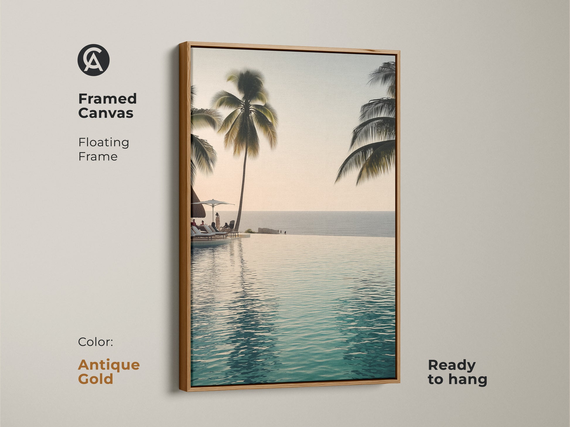 This framed canvas features an infinity pool with palm trees. A floating frame in antique gold makes it ready to hang. Enjoy a coastal ocean view with this tropical beach landscape artwork.