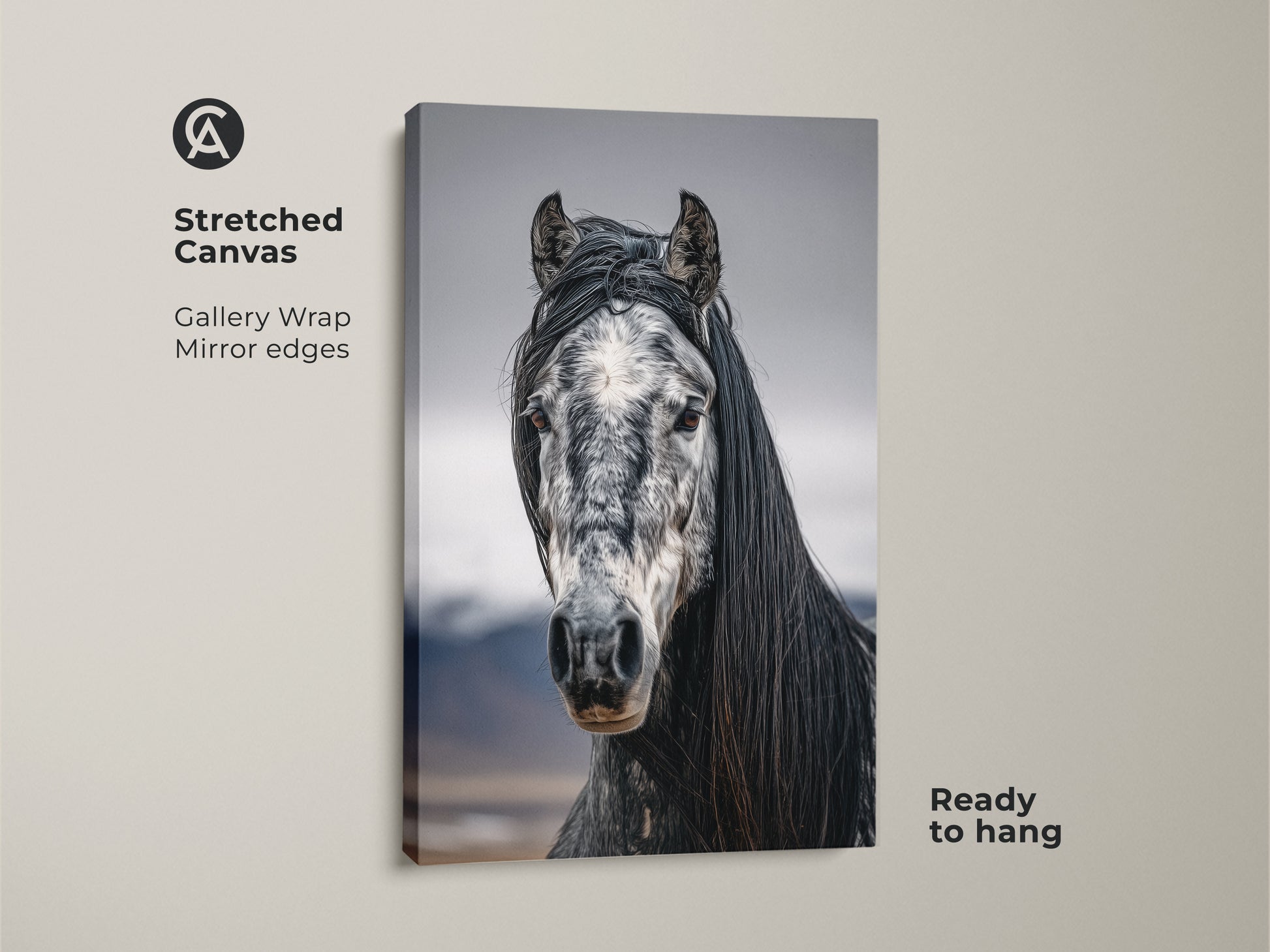 Close-up of a photorealistic horse canvas. The black and white animal art offers rustic bedroom wall decor. This equestrian gift for her is ready to hang. It's a wildlife animal print.