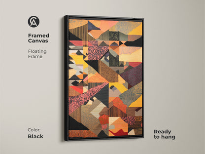Black framed canvas featuring abstract geometric artwork. This mid-century modern art print is ready to hang. The yellow red and orange tones add an eclectic touch to any room. A unique housewarming gift for art lovers.