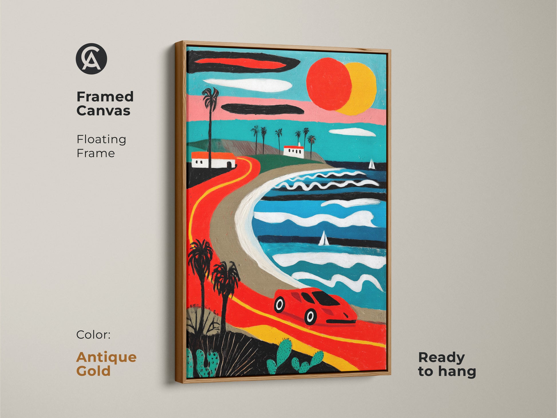 Framed canvas art in antique gold displays a retro coastal road trip. The vintage car travels along a palm-tree-lined road with ocean views. Mid-century modern artwork adds color. Ready to hang it's perfect for travel lovers and car enthusiasts.