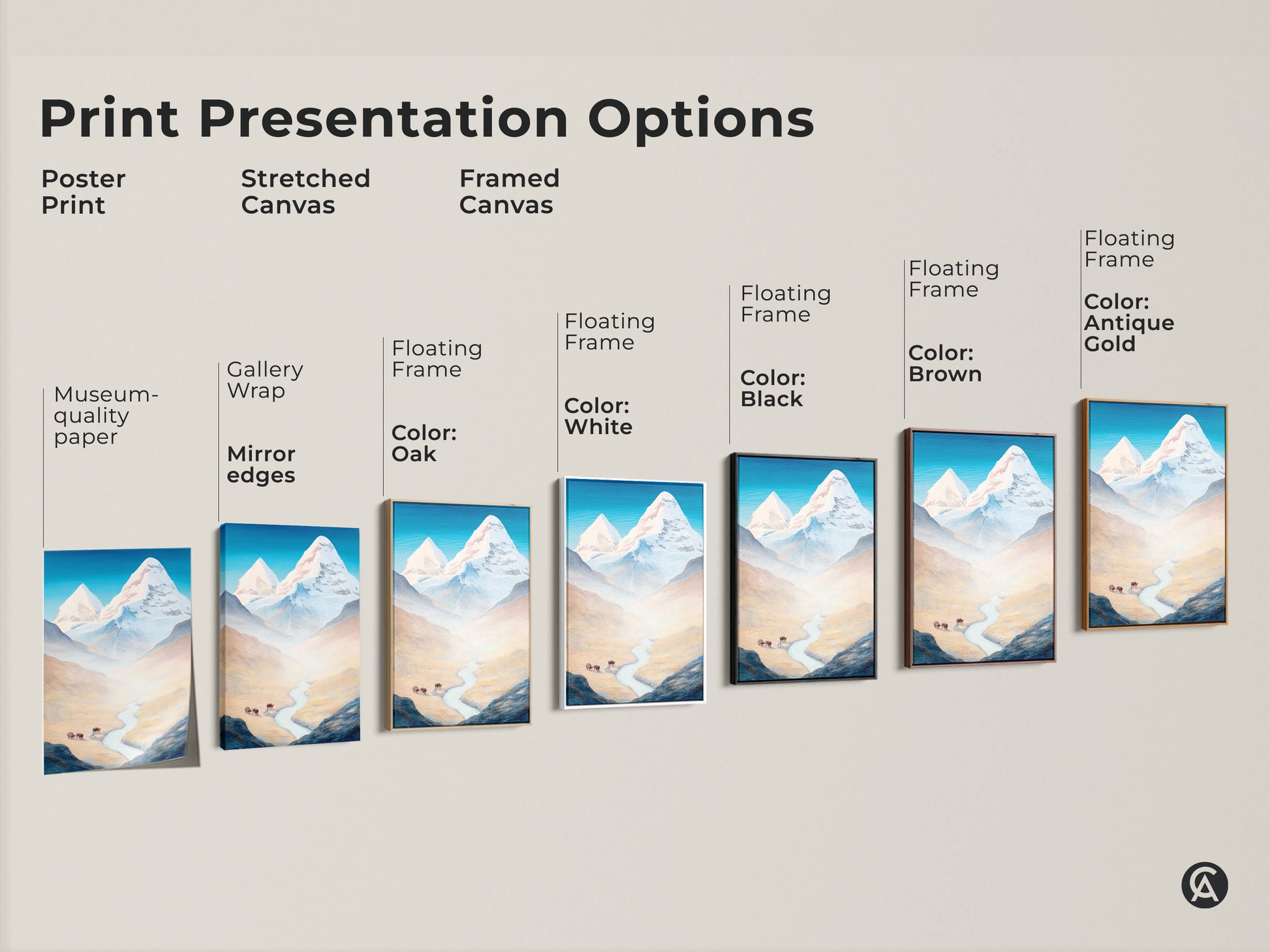 Explore diverse print presentation options for our Mountain Bison Artwork. Choose from poster prints stretched canvas and framed canvas each enhancing the stylized landscape. Perfect for adding blue sky nature wall art to any modern farmhouse decor.