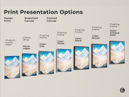 Explore diverse print presentation options for our Mountain Bison Artwork. Choose from poster prints stretched canvas and framed canvas each enhancing the stylized landscape. Perfect for adding blue sky nature wall art to any modern farmhouse decor.