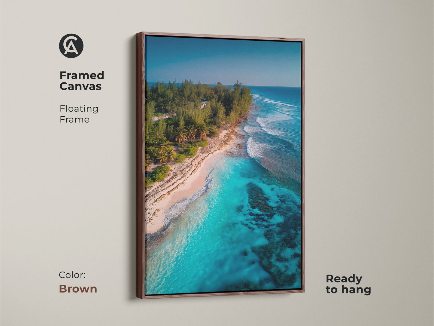 This framed canvas artwork captures a serene beach scene. The turquoise water and sandy beach are framed by a brown floating frame. Ready to hang this artwork adds warmth to any room. A perfect piece for beach-inspired decor.