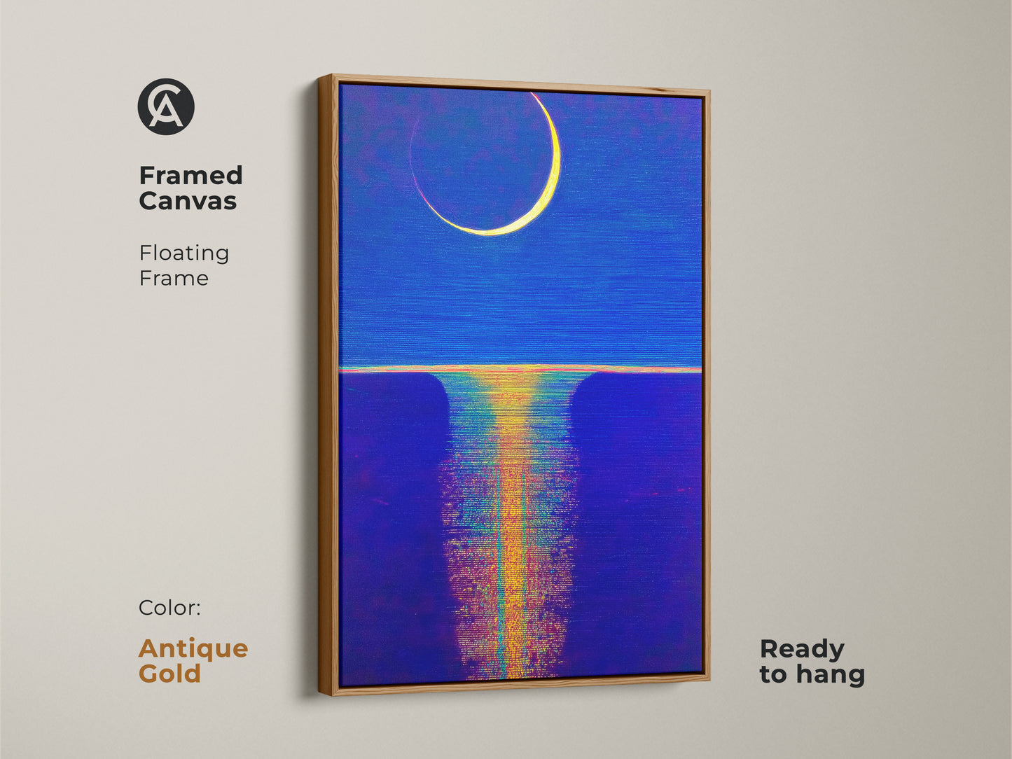 A framed canvas showcases celestial moon art in deep blue and ochre. The floating frame enhances the abstract night scene making it ready to hang. The antique gold frame provides a unique home wall art experience.