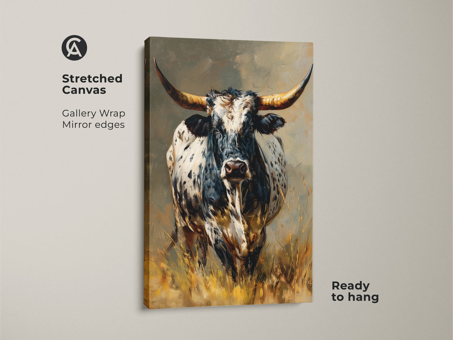 Stretched canvas of a Longhorn Bull art. The black and white animal artwork has gallery wrapped edges. It's ready to hang. This rustic western wall decor is perfect for farmhouse homes. The longhorn print adds a cowboy touch. Ideal gift for wildlife art collectors. The textured animal artwork is a standout piece.