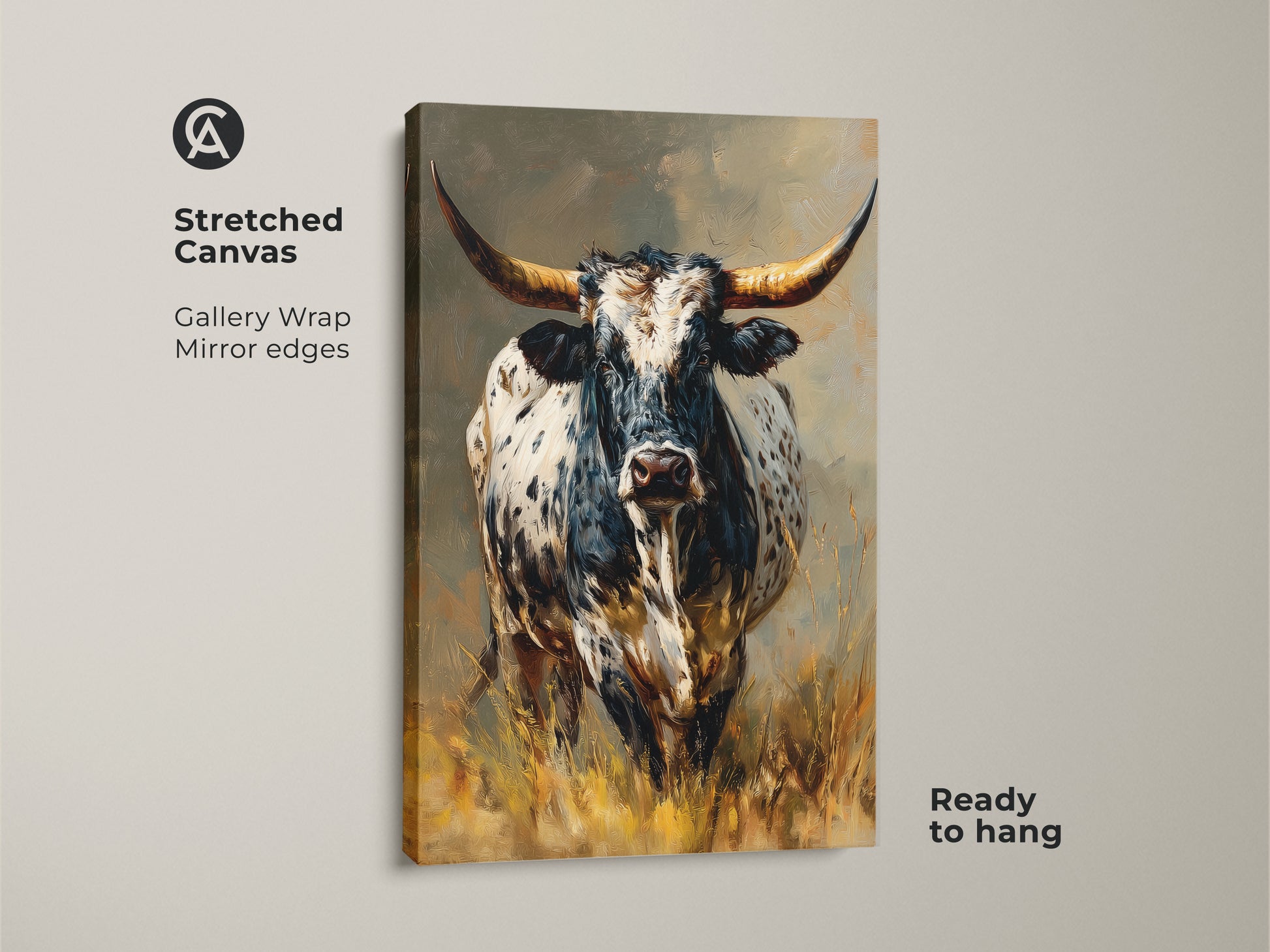 Stretched canvas of a Longhorn Bull art. The black and white animal artwork has gallery wrapped edges. It's ready to hang. This rustic western wall decor is perfect for farmhouse homes. The longhorn print adds a cowboy touch. Ideal gift for wildlife art collectors. The textured animal artwork is a standout piece.