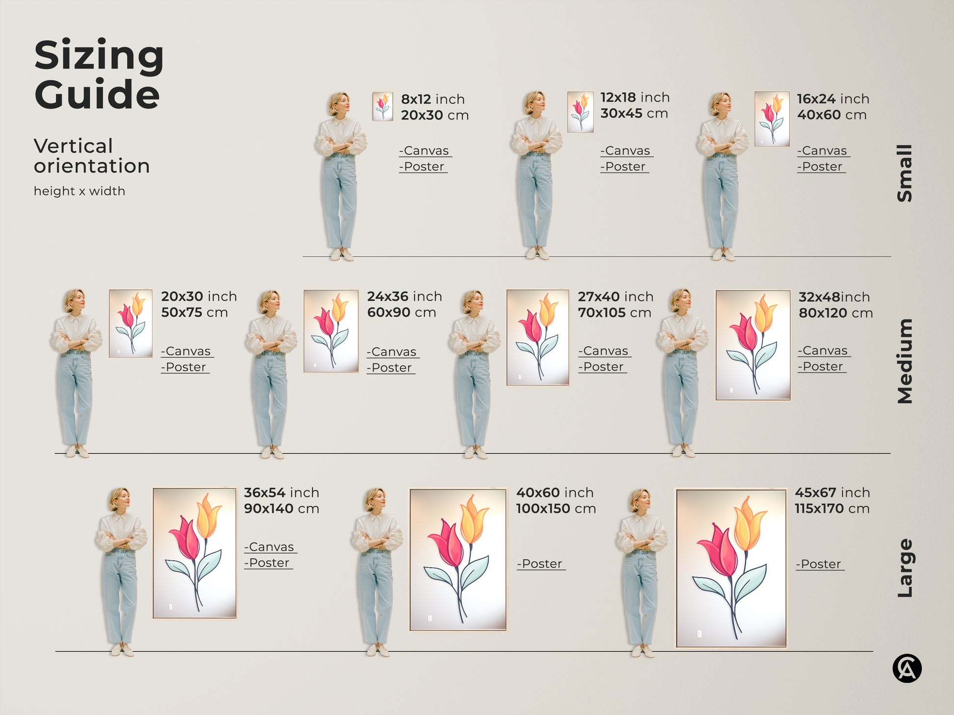 Sizing guide featuring pink and yellow tulip canvas and poster prints. Vertical orientation shown with various heights and widths. Find the perfect size for your botanical artwork from small to large. Ideal Scandinavian decor to enhance any room.