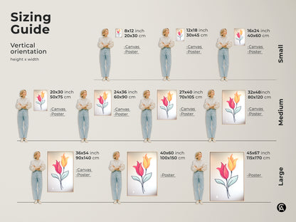 Sizing guide featuring pink and yellow tulip canvas and poster prints. Vertical orientation shown with various heights and widths. Find the perfect size for your botanical artwork from small to large. Ideal Scandinavian decor to enhance any room.